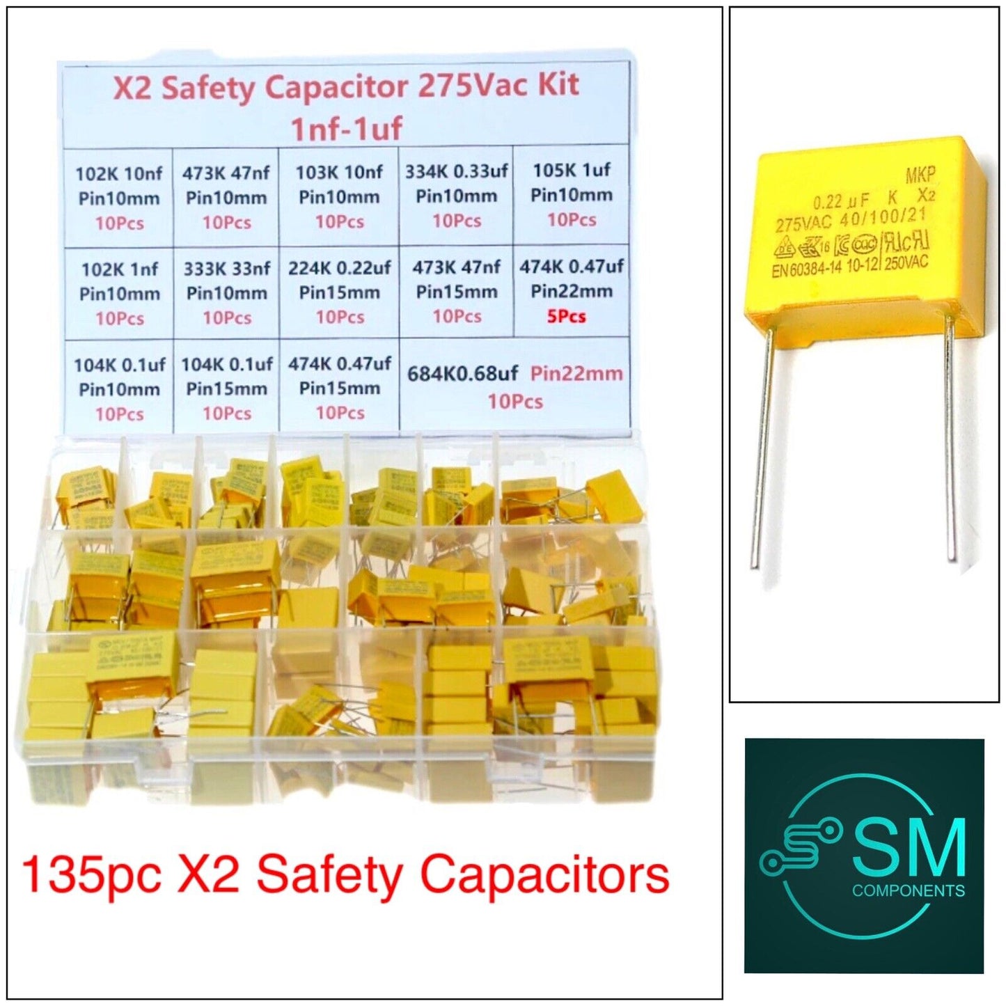 135PCS 14values X2 Safety Capacitor 275VAC 102K-105K 1NF~1UF Assorted Kit