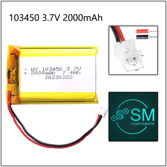 1 X Lithium Polymer Ion Battery LiPo 2000mAh 3.7V 103450 34x50x10 PH2.0 Connect