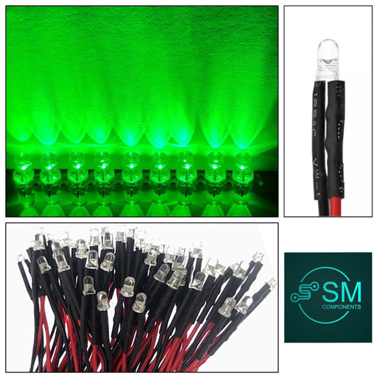 20pcs Prewired 3mm GREEN LED DC 12V 20mA 3mm Clear Round Light Emitting Diode