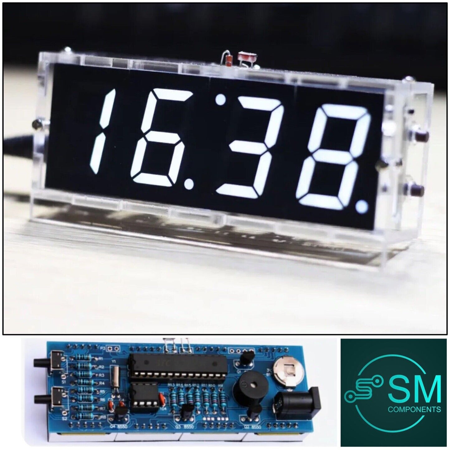 4-digit DIY Electronic Digital LED Clock Kit Alarm WHITE Auto Display Time Temp