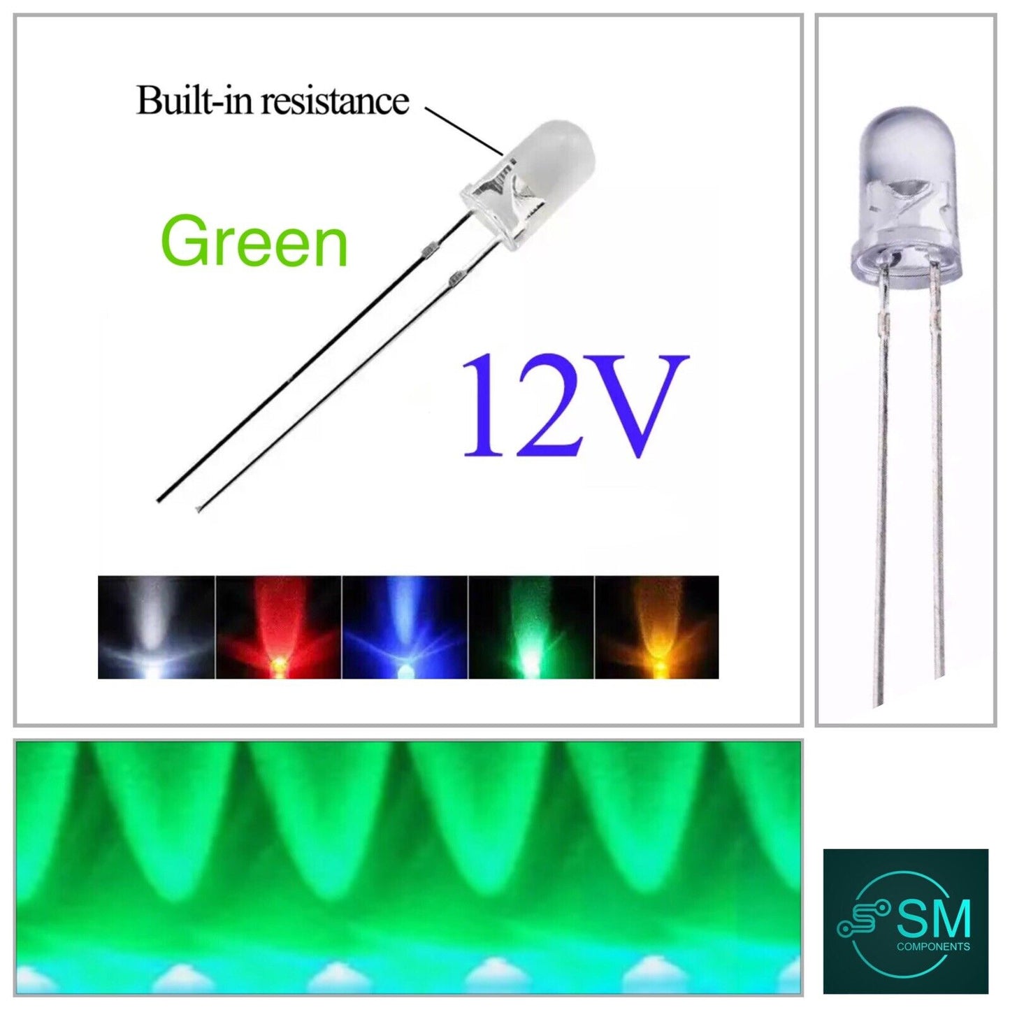 100PCS 5mm GREEN LEDS 4-12 VDC Light Emitting Diode Round Clear NO RESISTOR