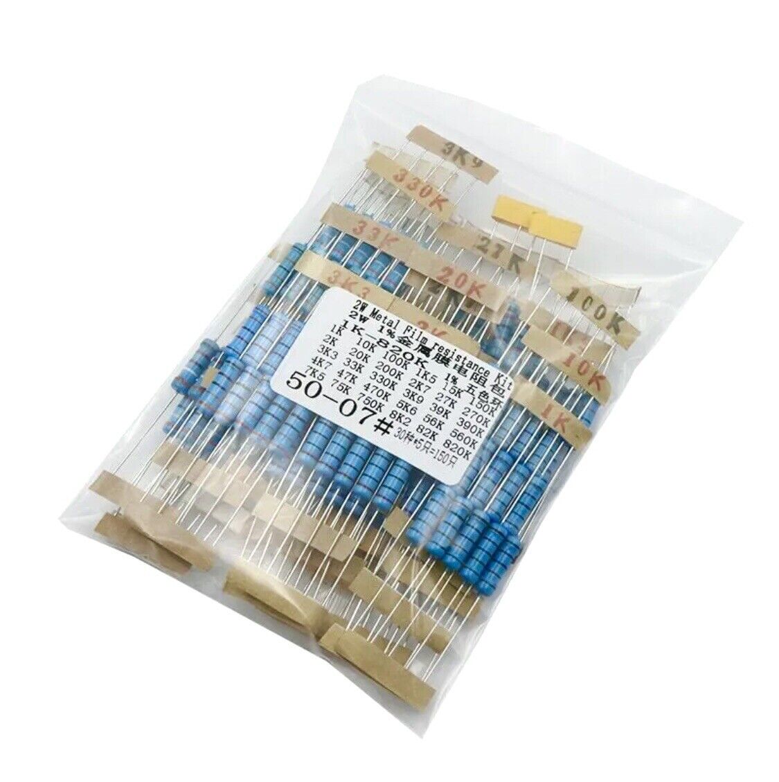 150pcs 2W 2 Watt Metal Oxide Film Resistor Axial Leads 1KΩ-820KΩ 30 Values 1%+-