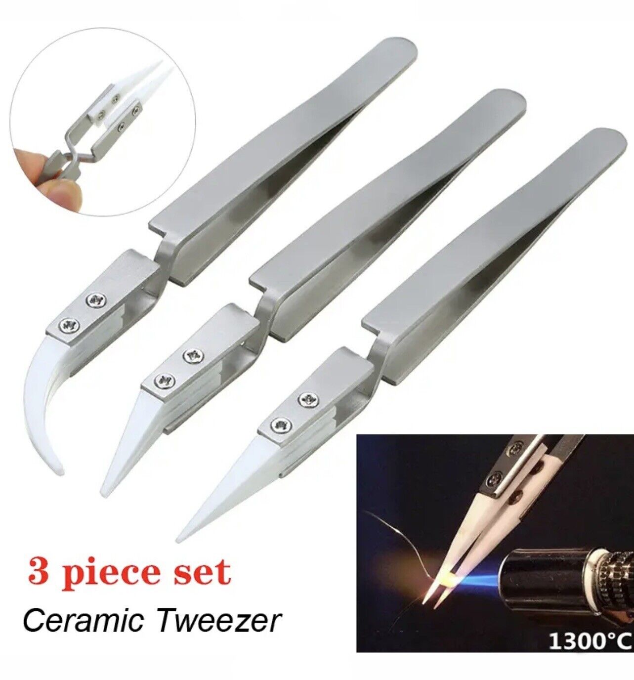 Full Set 3 Piece STAINLESS REVERSE Ceramic tipped ESD Safe Electronics Tweezers