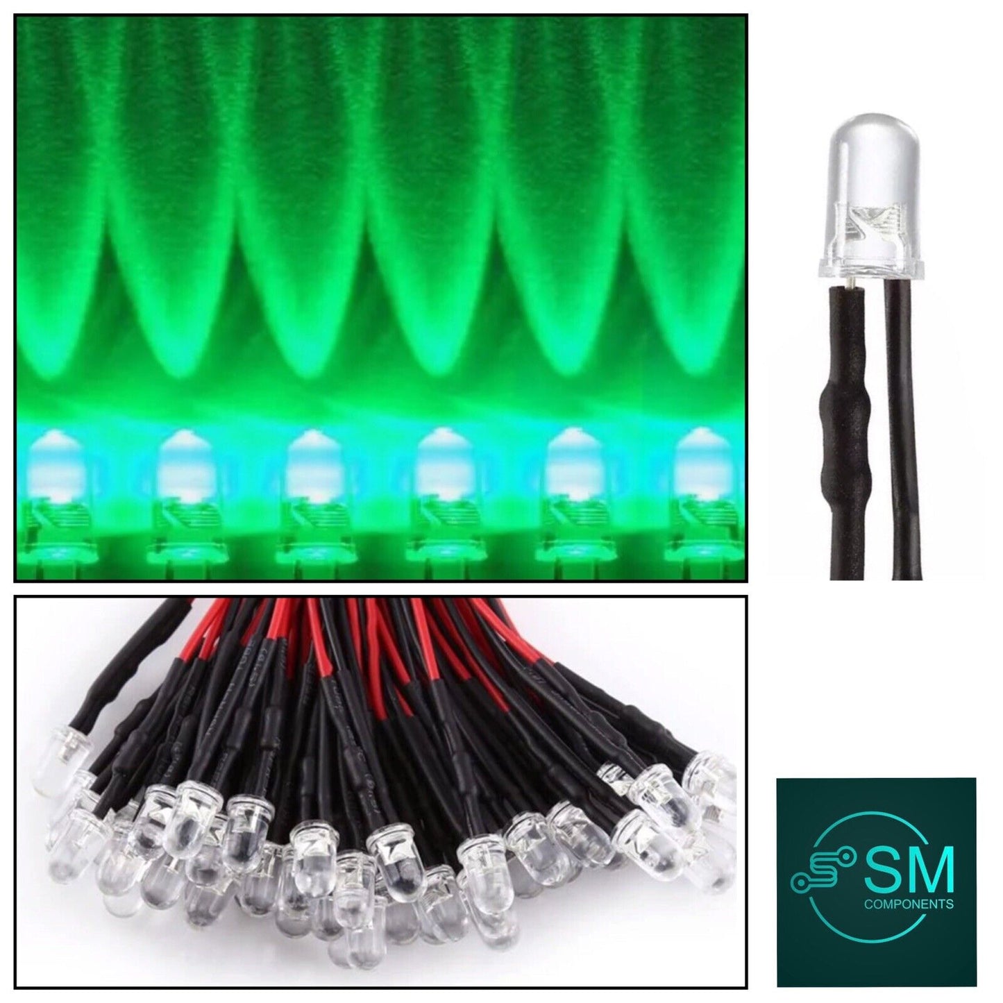 20pcs Prewired 5mm FLASHING GREEN LED 1.5Hz DC 12V 20mA 5mm Clear Round LEDs