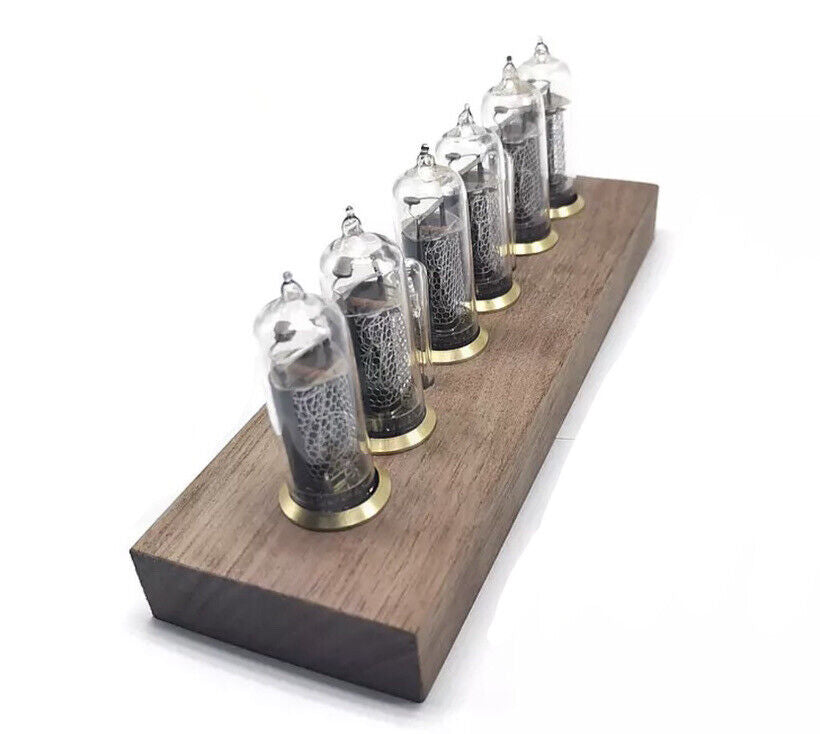 IN-14 Nixie tube Clock and Walnut Base Brass Rings Includes 6 Spare IN-14 Tubes