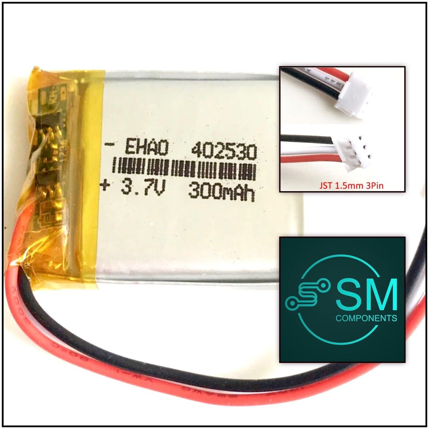 1 Polymer Lithium Ion Battery LiPo 300mA 3.7V 402530 4x25x30 3 Wire JST ZH1.5mm