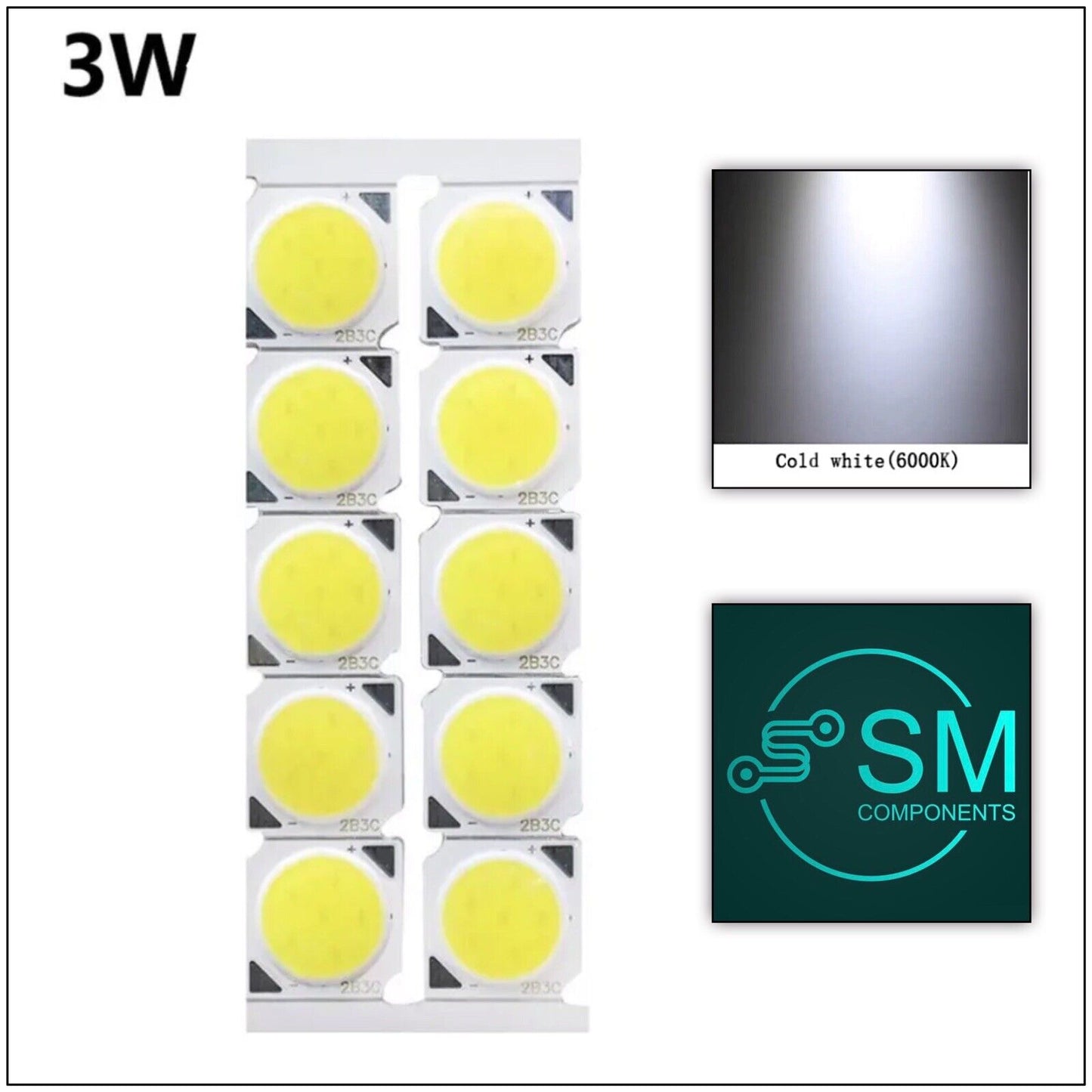 10PCS DC 9-10V 3W 13x13mm Square COB LED High Power Light, Cool White 6000K