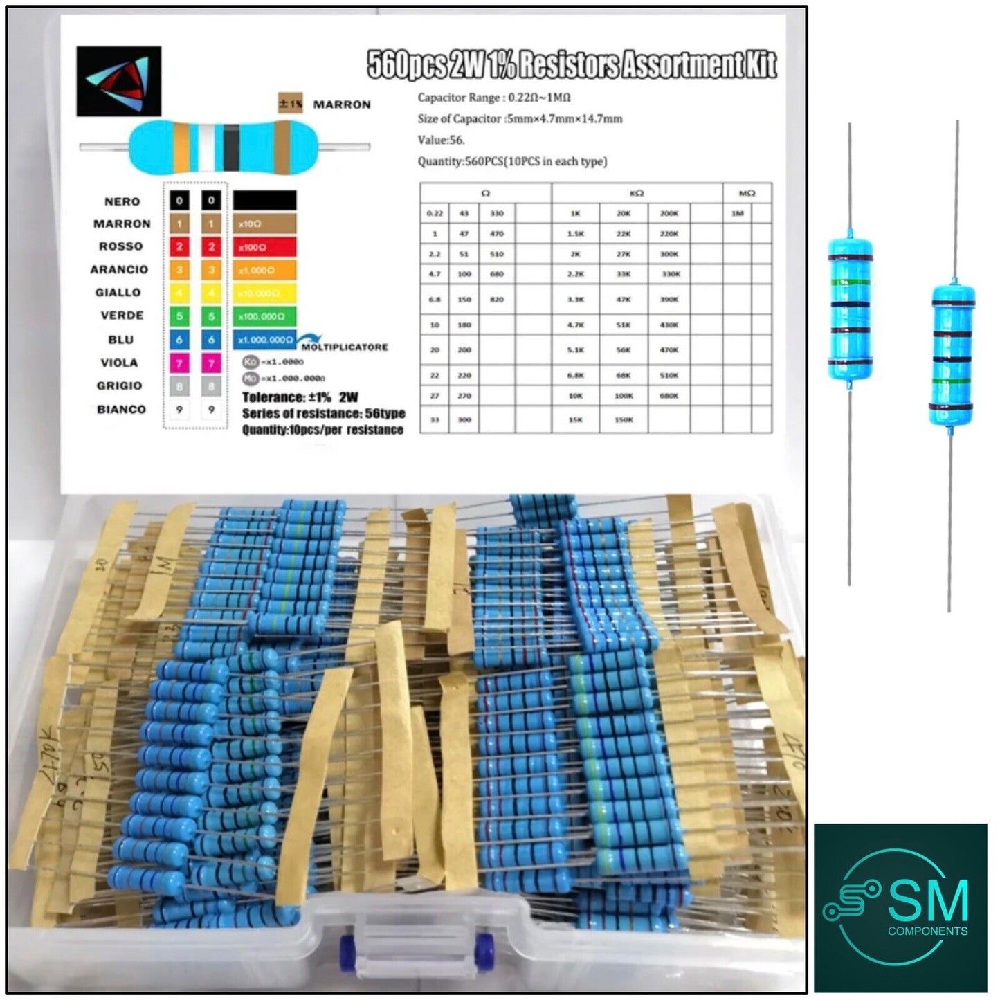 560PCS 2W 2 Watt Metal Film Resistor Axial Leads 0.22 Ω - 1M Ω ±1% Tolerance DIY