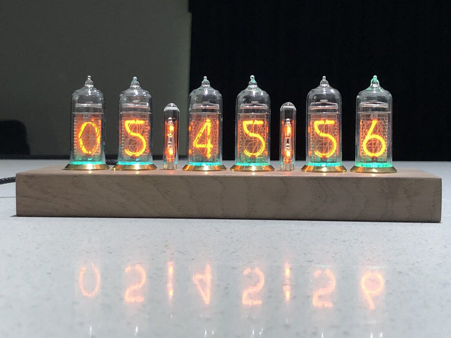 IN-14 Nixie tube Clock and Walnut Base Brass Rings Includes 6 Spare IN-14 Tubes