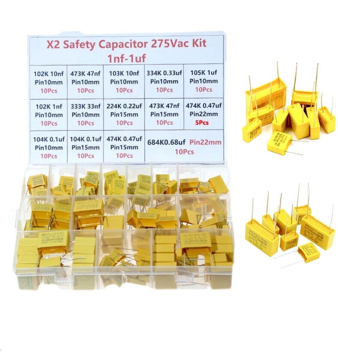 135PCS 14values X2 Safety Capacitor 275VAC 102K-105K 1NF~1UF Assorted Kit