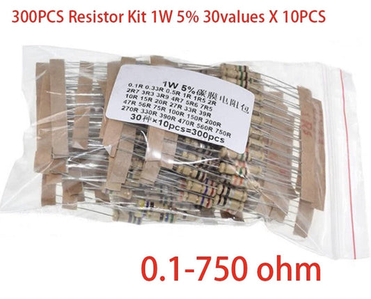 300PCS 1 Watt Carbon Film Resistor Assortment Kit 30 Value 5% Precision 0.1-750R