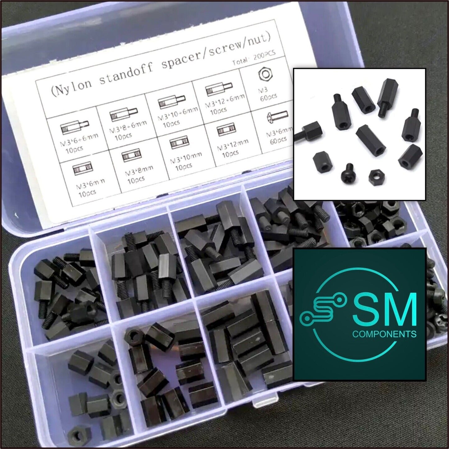 200pcs Black M3 Male Female Spacer Nylon Hex Screw Standoffs Nut Kit Inc Case