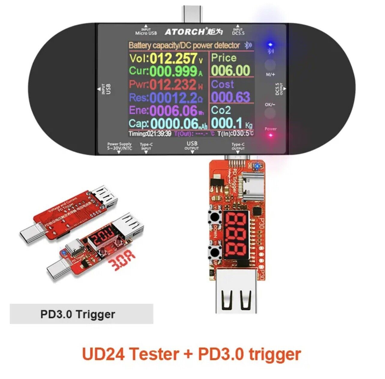 ATORCH UD24 USB Voltmeter Voltage Current Meter DC Digital Tester 2.4" Full Kit