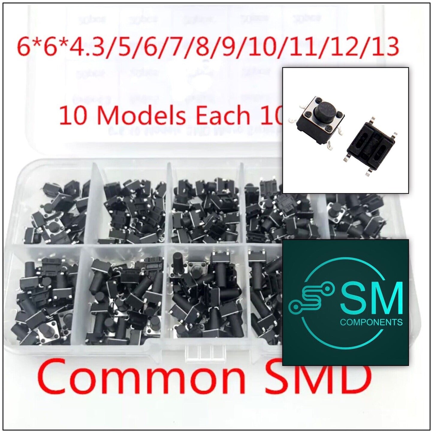 200pcs SMD/SMT 6x6 Momentary Push Button Switch 10 Value Tactile Micro Switches