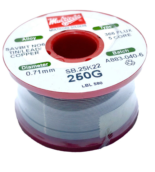 1 X Multicore Solder, Savbit 6 Tin/lead/copper  366 5 Core Solder 0.71mm, 250gms