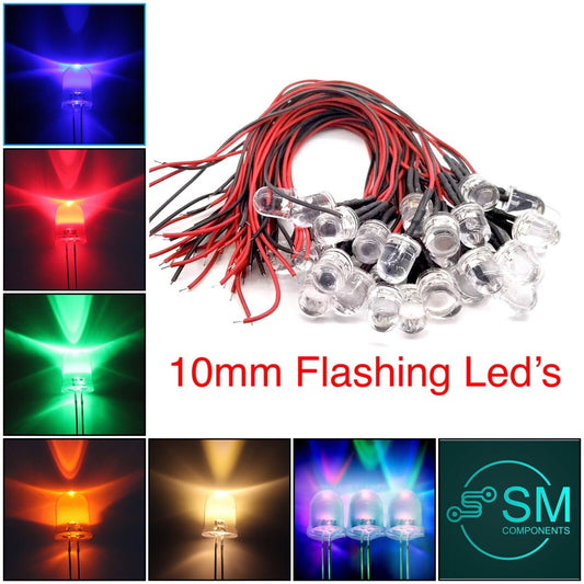 10pcs  10mm 12V Prewired 1.5Hz FLASHING Clear Top Leds All Colours Hobby DIY