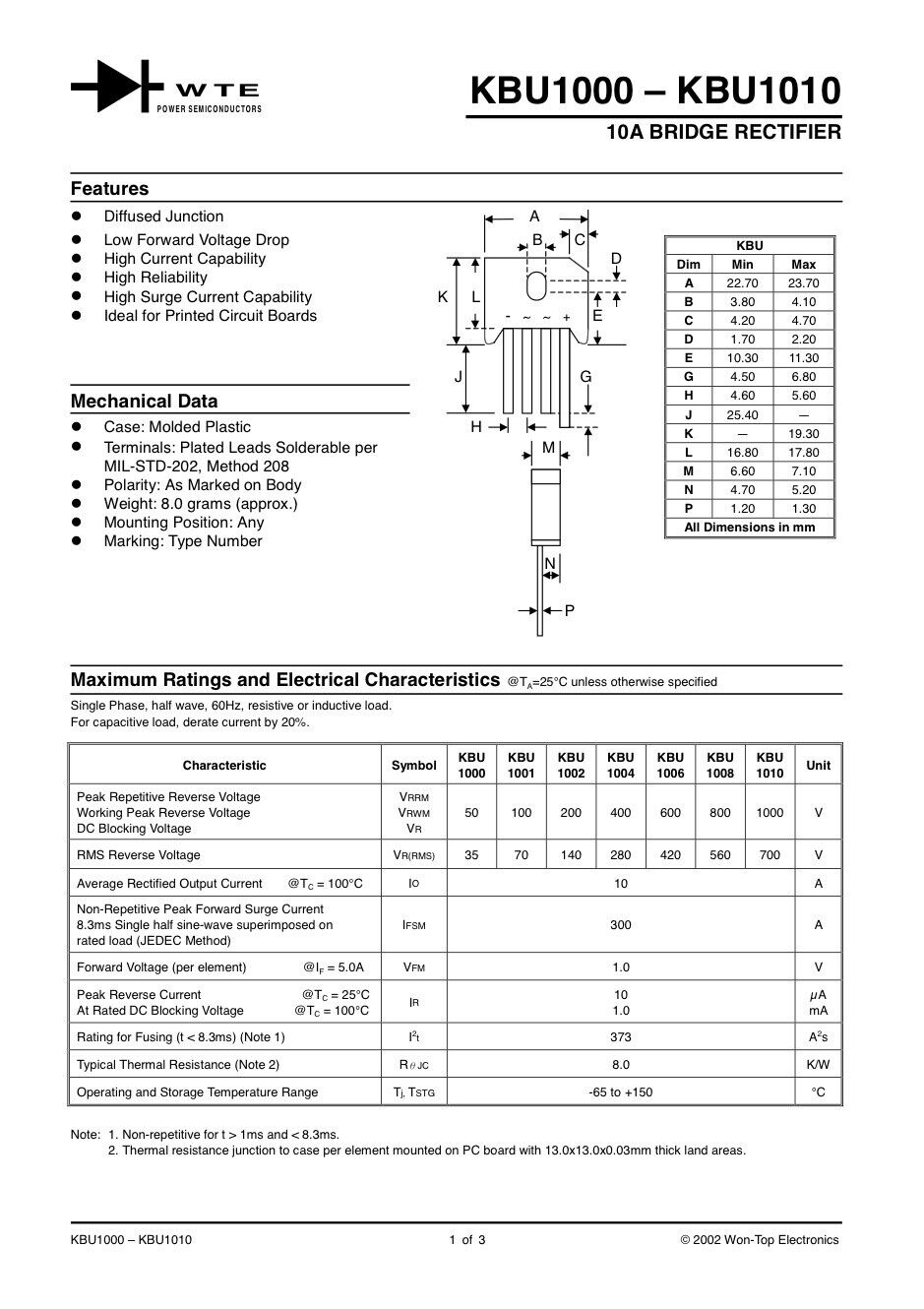 5PCS KBU1010 1000V 10A Full Wave Silicon Bridge Rectifier Electronics DIY (SIP4)