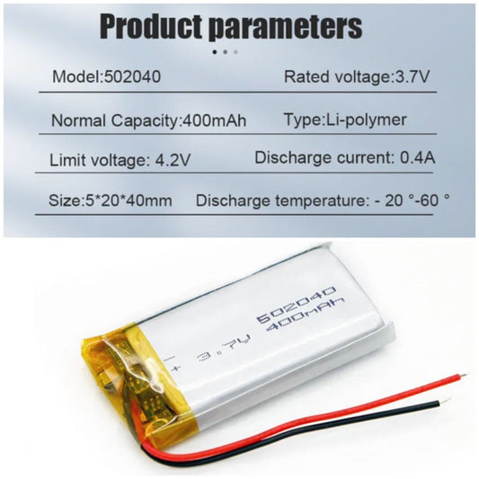 1 X Polymer Lithium Ion Battery LiPo 400mA 3.7V 502040 5X20X40 Inc Protection