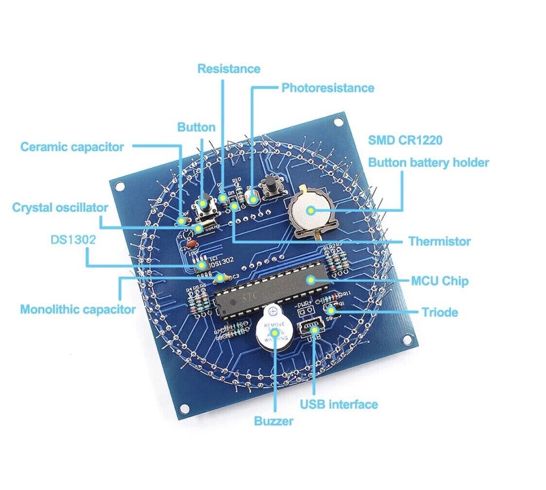 DIY Rotating LED DS1302 Electronic Digital Clock + Case Temperature Display KIT