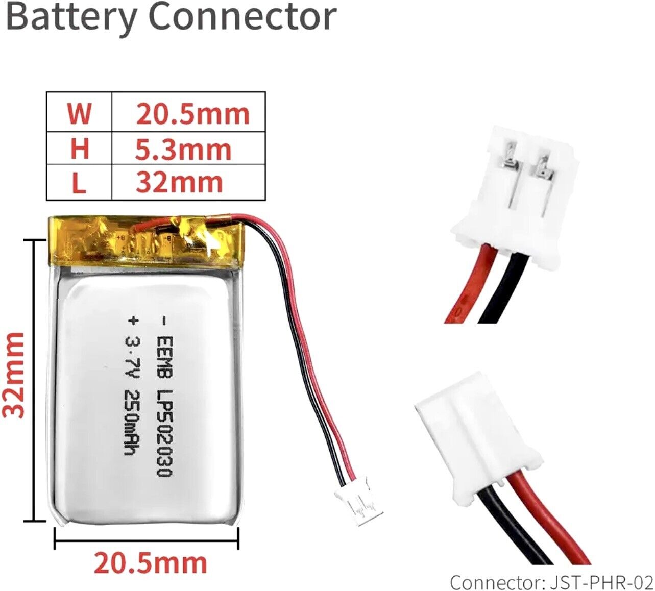 2 X Polymer Lithium Ion Battery LiPo 250mA 3.7V 502030 Inc PH2.0 Plug Protection