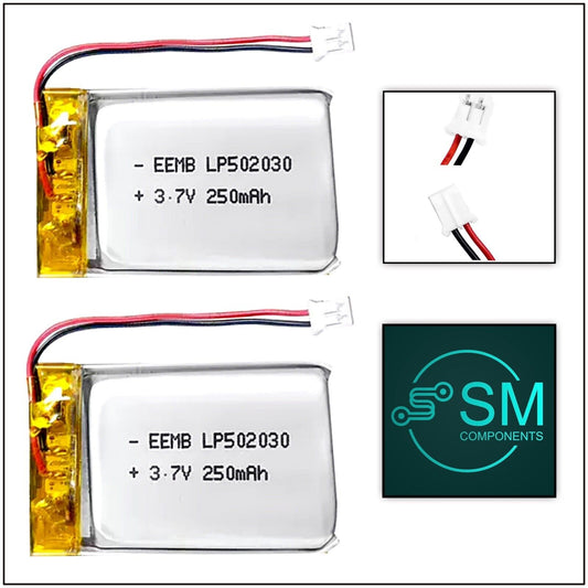 2 X Polymer Lithium Ion Battery LiPo 250mA 3.7V 502030 Inc PH2.0 Plug Protection