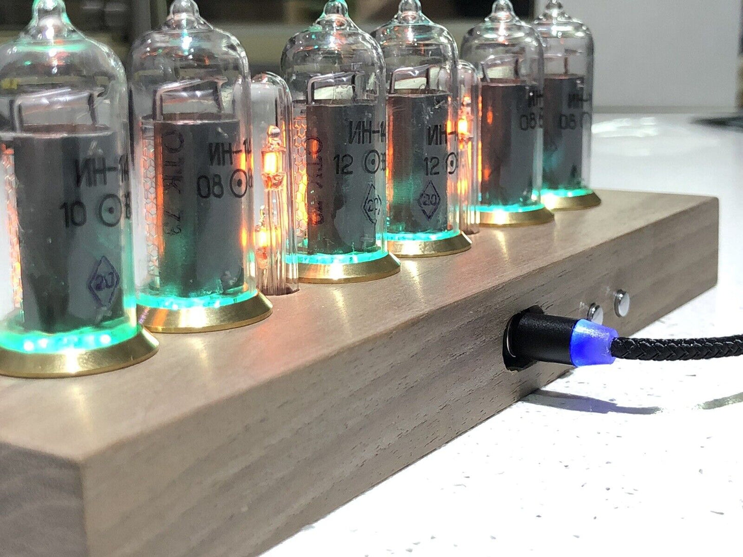 IN-14 Nixie tube Clock and Walnut Base Brass Rings Includes 6 Spare IN-14 Tubes