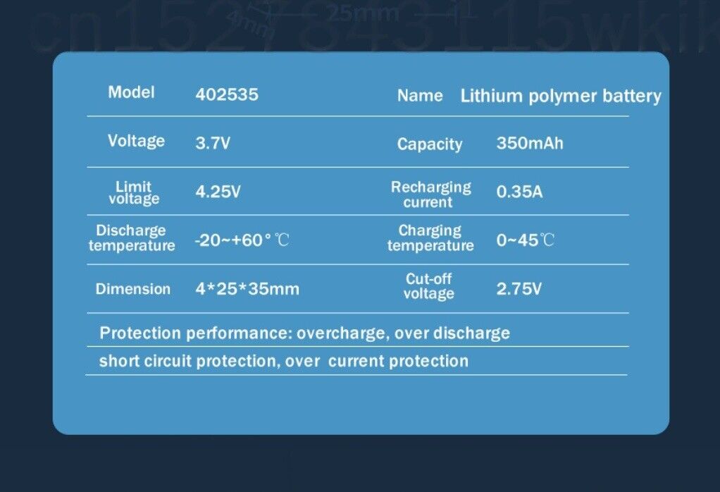 1 X Polymer Lithium Ion Battery LiPo 350mA 3.7V 402535 4x25x35mm Inc Protection