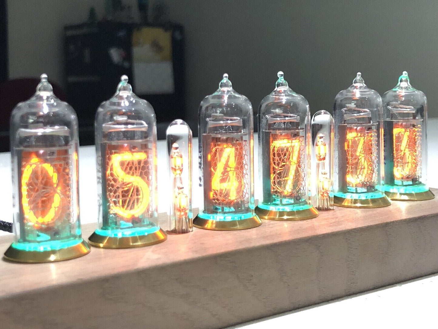 IN-14 Nixie tube Clock and Walnut Base Brass Rings Includes 6 Spare IN-14 Tubes