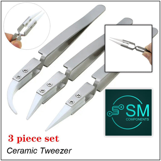 Full Set 3 Piece STAINLESS REVERSE Ceramic tipped ESD Safe Electronics Tweezers