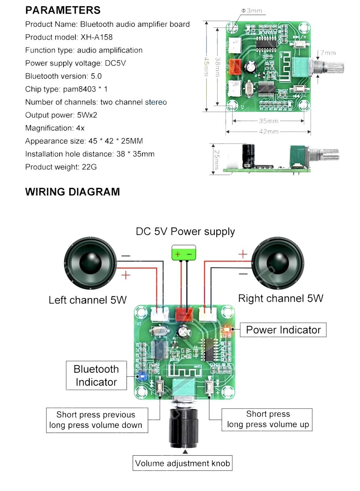 PAM8403 Stereo Amplifier Board Ultra Clear Bluetooth 5.0 Compatible 2 Channel