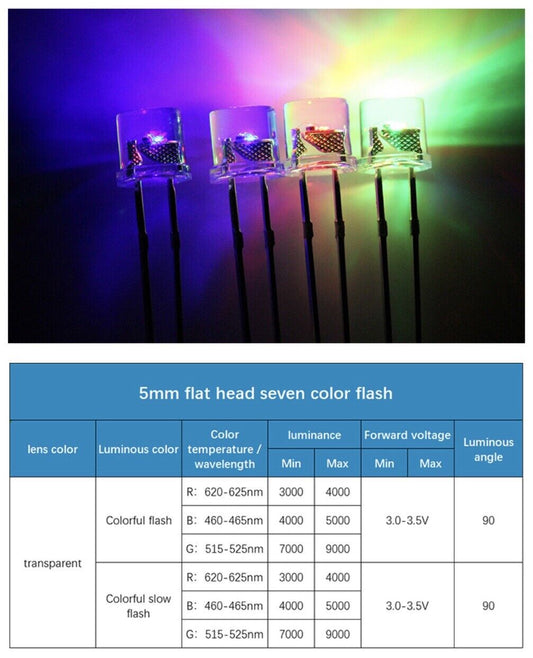 5mm LED Light Emitting Diode 7 COLOUR RGB FAST flash 100pcs Clear FLAT TOP