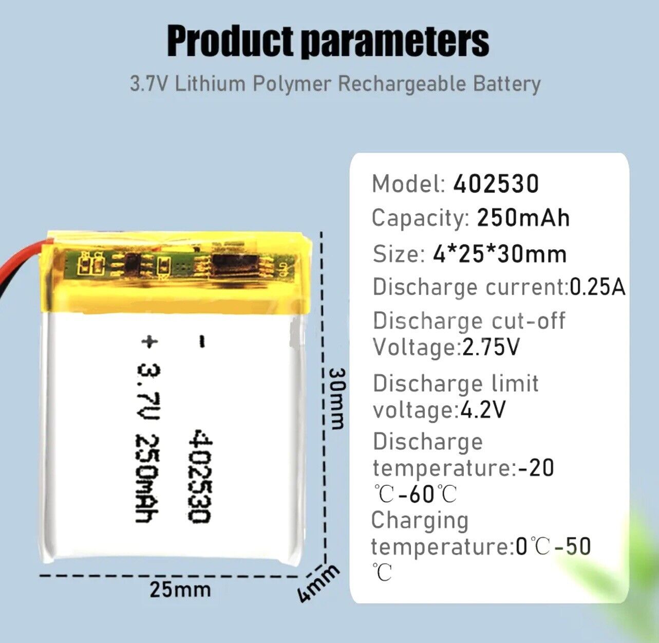 1 X Polymer Lithium Ion Battery LiPo 250mA 3.7V 402530 4x25x30mm Inc Protection