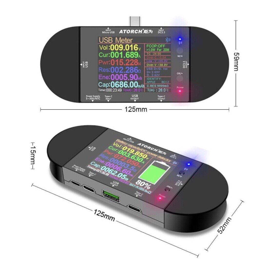 UD24 DC5.5 USB tester Type-C digital voltmeter ammeter power bank Watt Meter