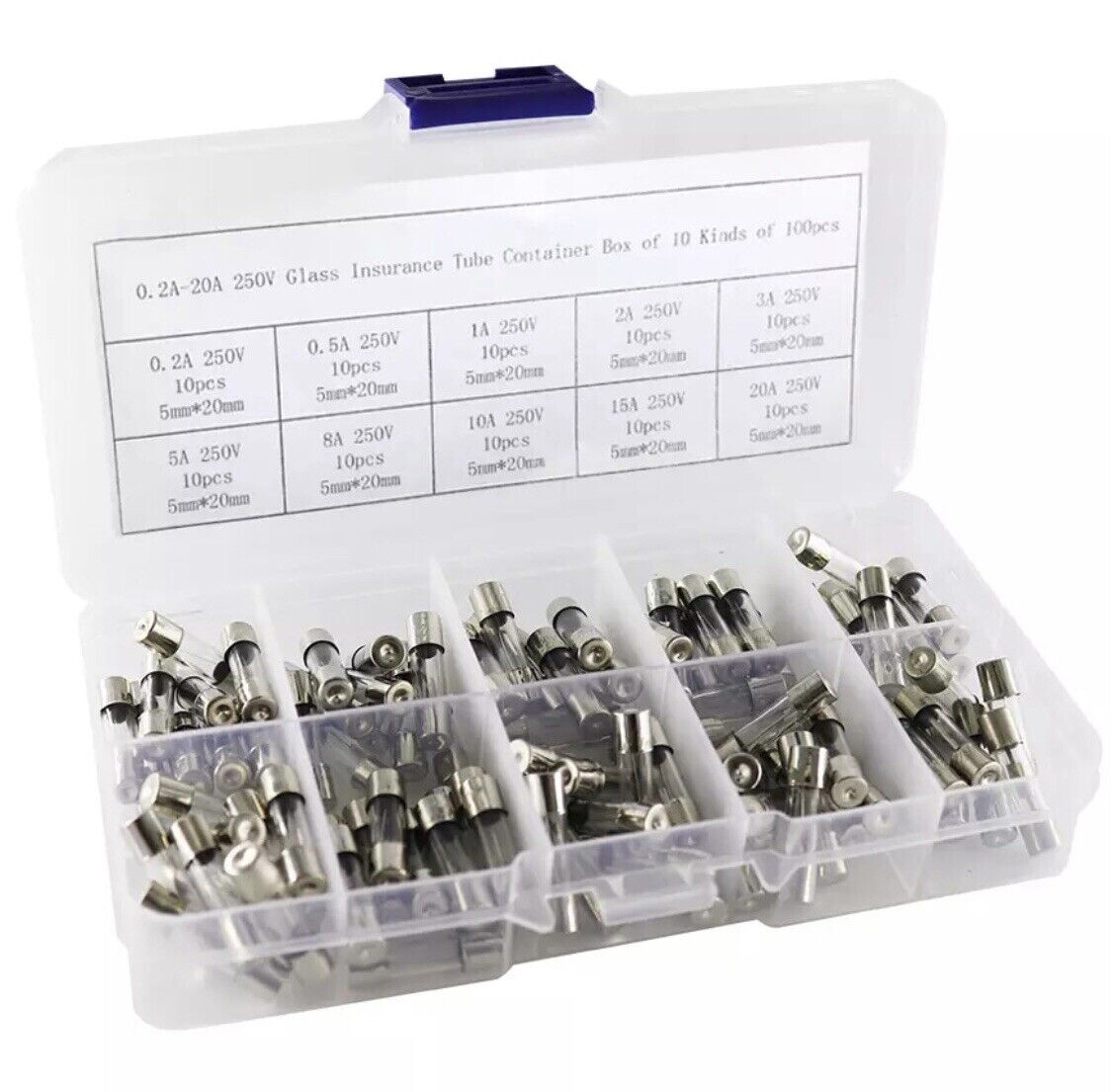 100PC Set Auto 5x20mm 0.2-20 Amp Quick Blow Glass Tube Fuse Assorted Kits