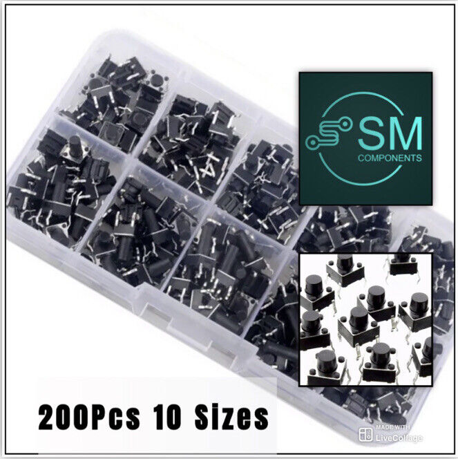 200pcs 6x6 Momentary Push Button Switch 10 Value Tactile Micro Switches Inc Box