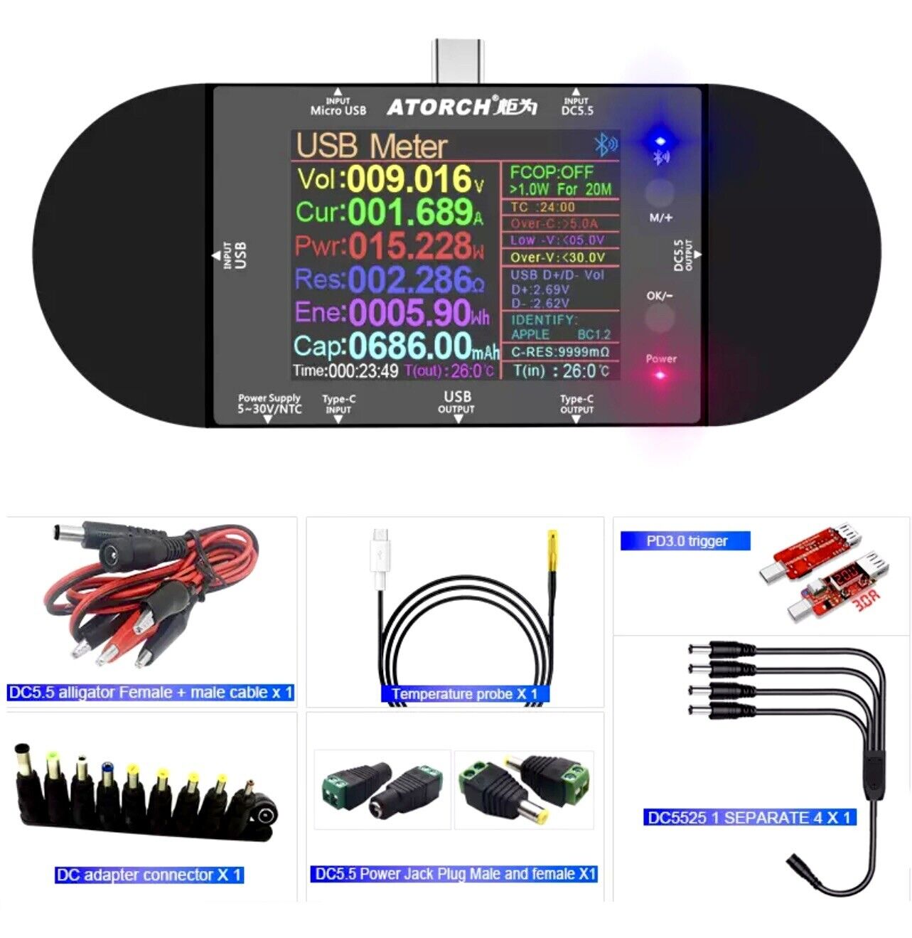 ATORCH UD24 USB Voltmeter Voltage Current Meter DC Digital Tester 2.4" Full Kit