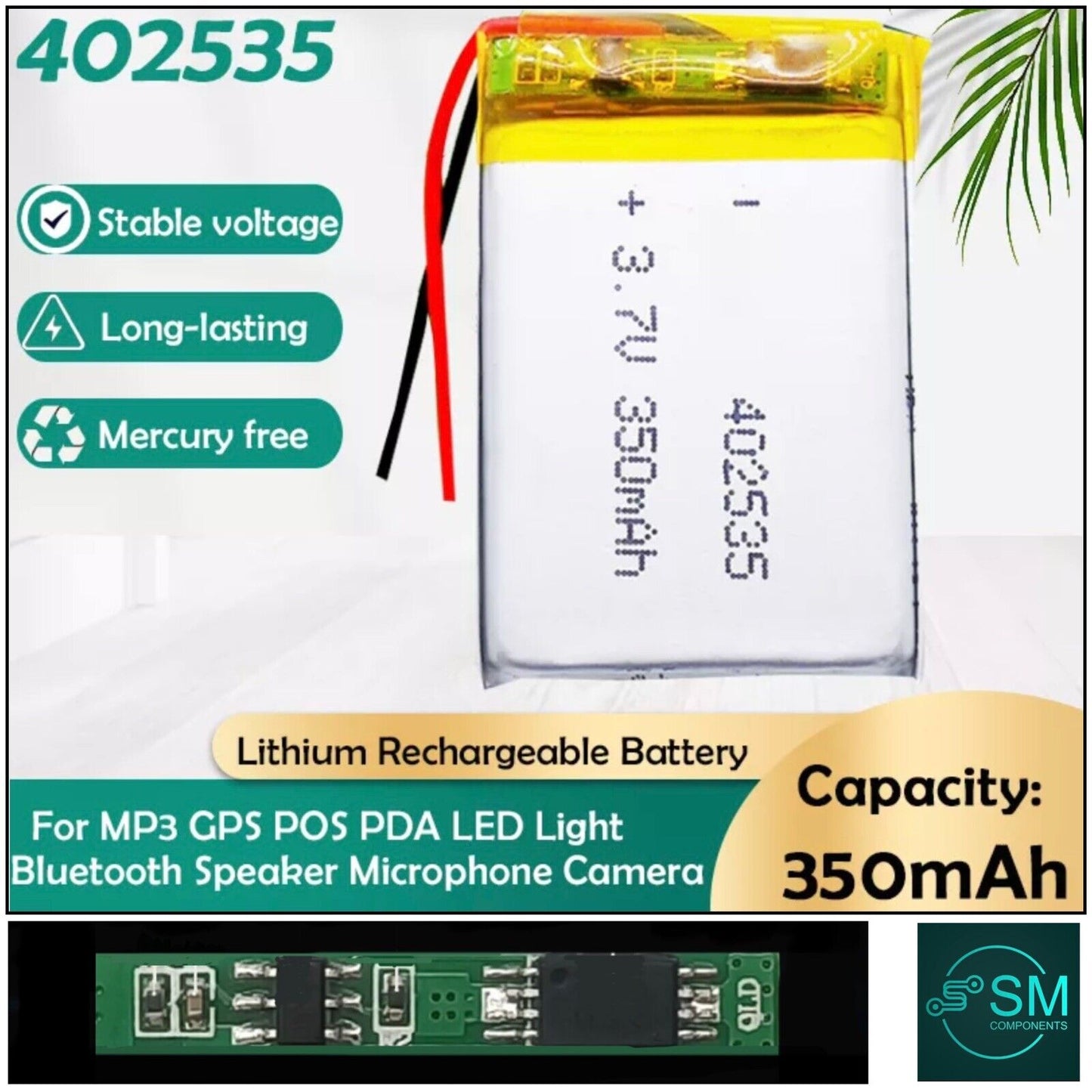 1 X Polymer Lithium Ion Battery LiPo 350mA 3.7V 402535 4x25x35mm Inc Protection