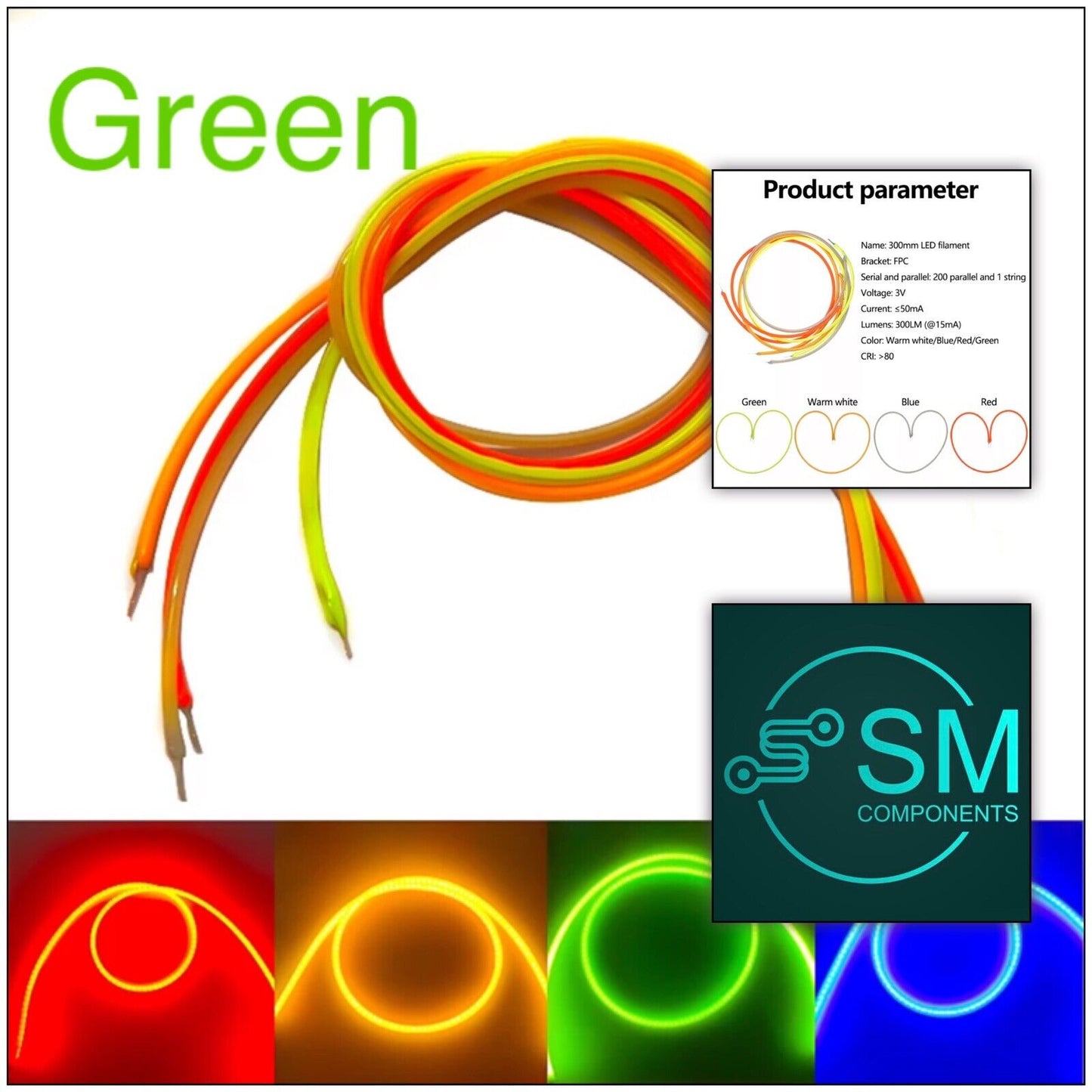 2PCS DC3V 300mm Green Light Emitting Diode Super Flexible Silicone Filament LED