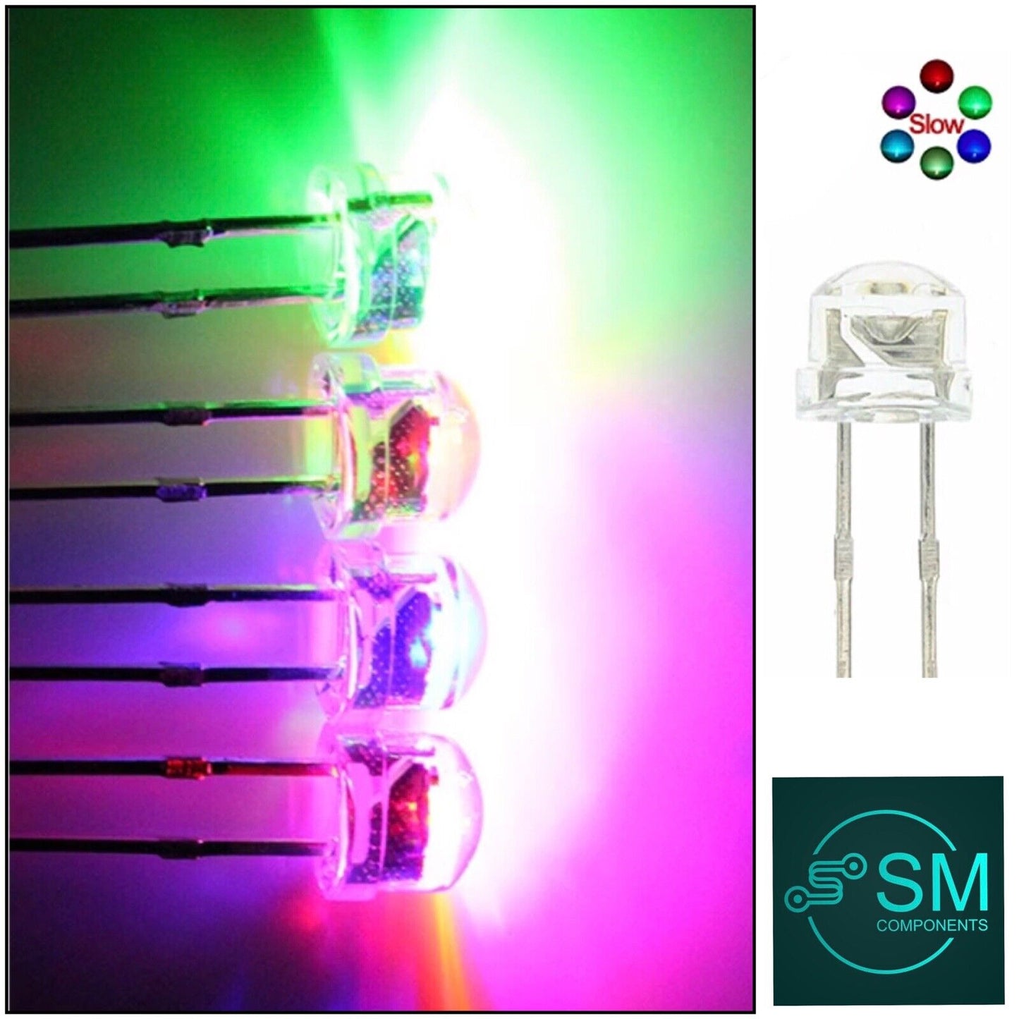 5mm LED Light Emitting Diode RGB SLOW flash Straw Hat 100pcs Clear Top 7 Colour