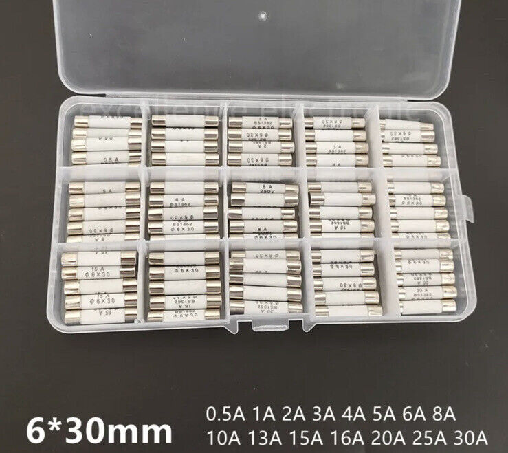 75PCS Fuse Kit 6x30mm 250V Ceramic Fuse Electrical Fast Blow 0.5~30A 15 Values