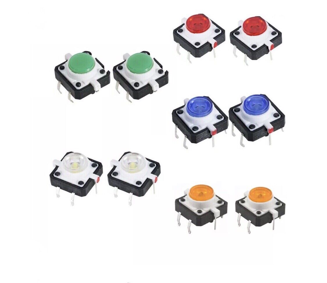 10PCS Mix 5 Colours 12X12X7.3 Illuminated Tactile Push Button Switch Momentary