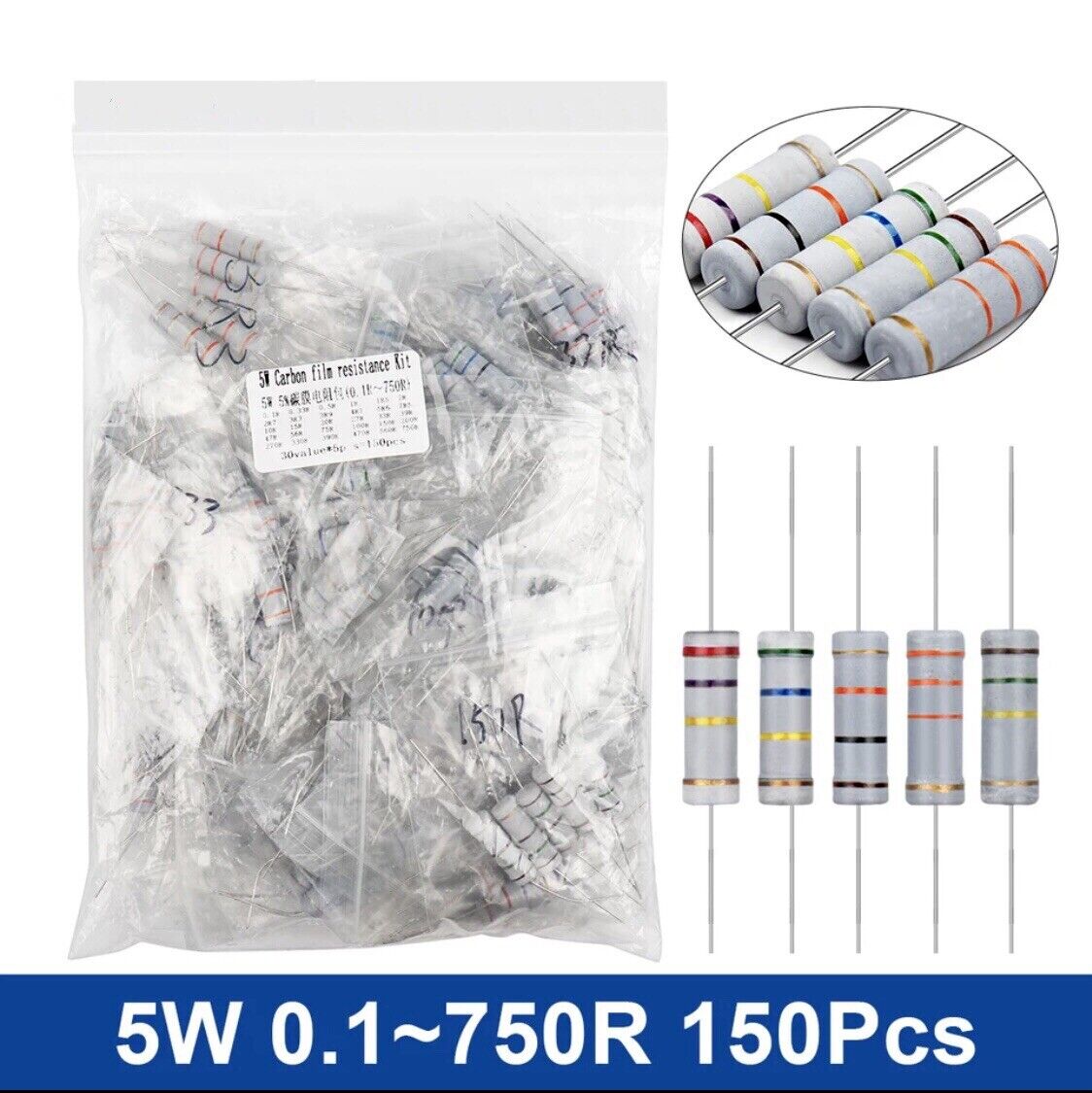 150PCS 5 Watt Carbon Film Resistor Kit 30 Value 5% Precision 0.1-750Ω DIY