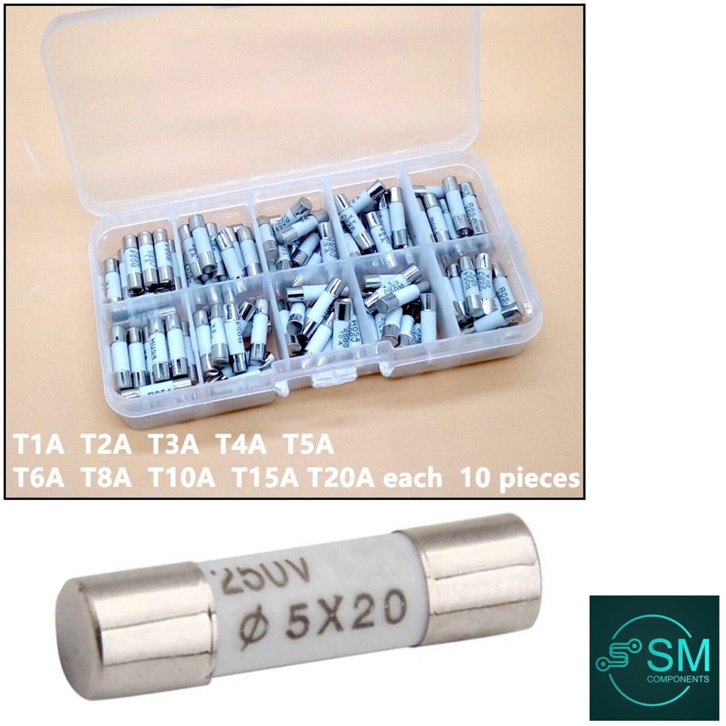 100PCS M205 5x20mm SLOW Blow Ceramic Fuses R054 250V 1~2~3~4~5~6~8~10~15~20A Kit