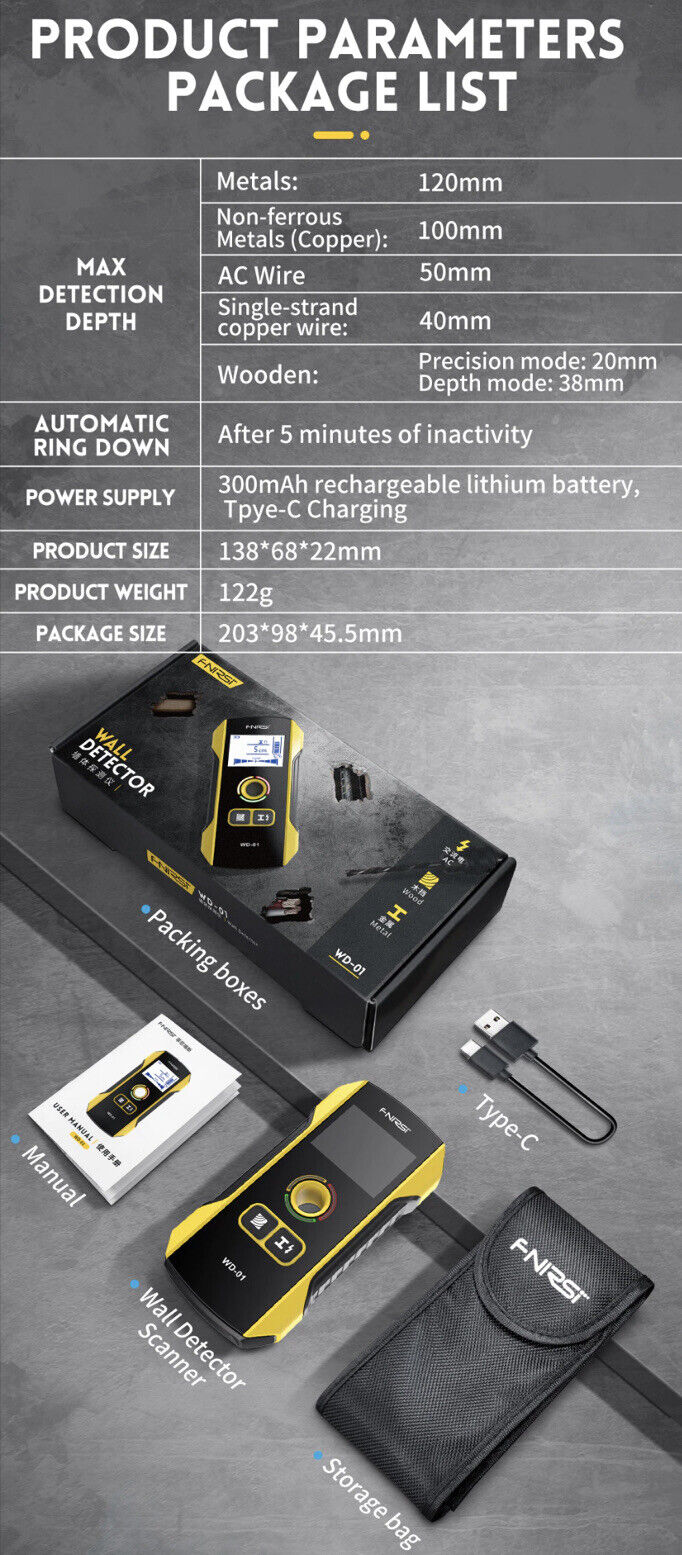 FNIRSI WD-01 Positioning Hole Wall Detector Scanner for Rebars Timber AC Wires