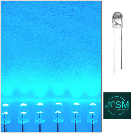 5mm Ice Blue Led Diode Round Head 100pcs LED, No Skirt, Long Lead, 490nm