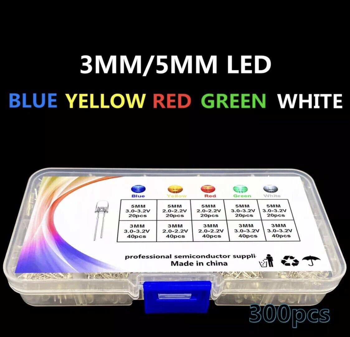 300pcs 3mm & 5mm LED Diodes Clear Assorted Blue Red Yellow Green White DIY Kit