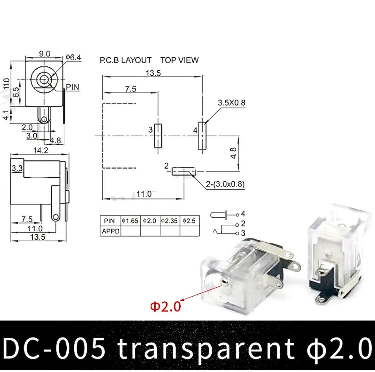 10pcs DC-005 TRANSPARENT Power Plug 5.5mm x 2.1mm Jack Socket Female PCB Mount