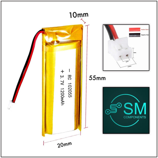 1 X Lithium Polymer Ion Battery LiPo 1200mAh 3.7V 102055 10x20x55 PH2.0 Connect