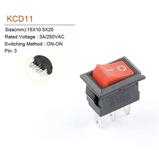 5 X Rocker Switch SPST 10x15mm 2 PIN ON/OFF KCD11 5V 12V 125V~6A 250V~3A  (RED)