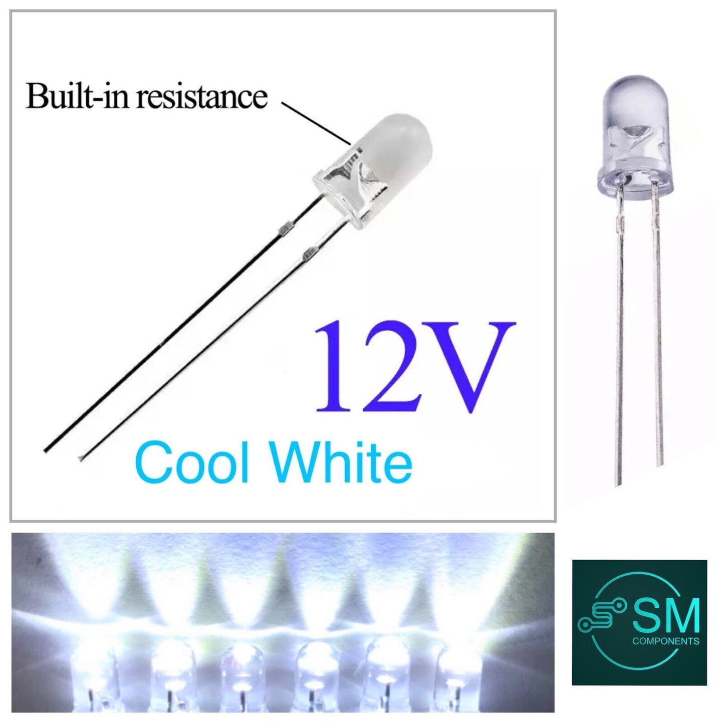 100PCS 5mm WHITE LEDS 4-12 VOLT DC Light Emitting Diode Round NO RESISTOR NEEDED